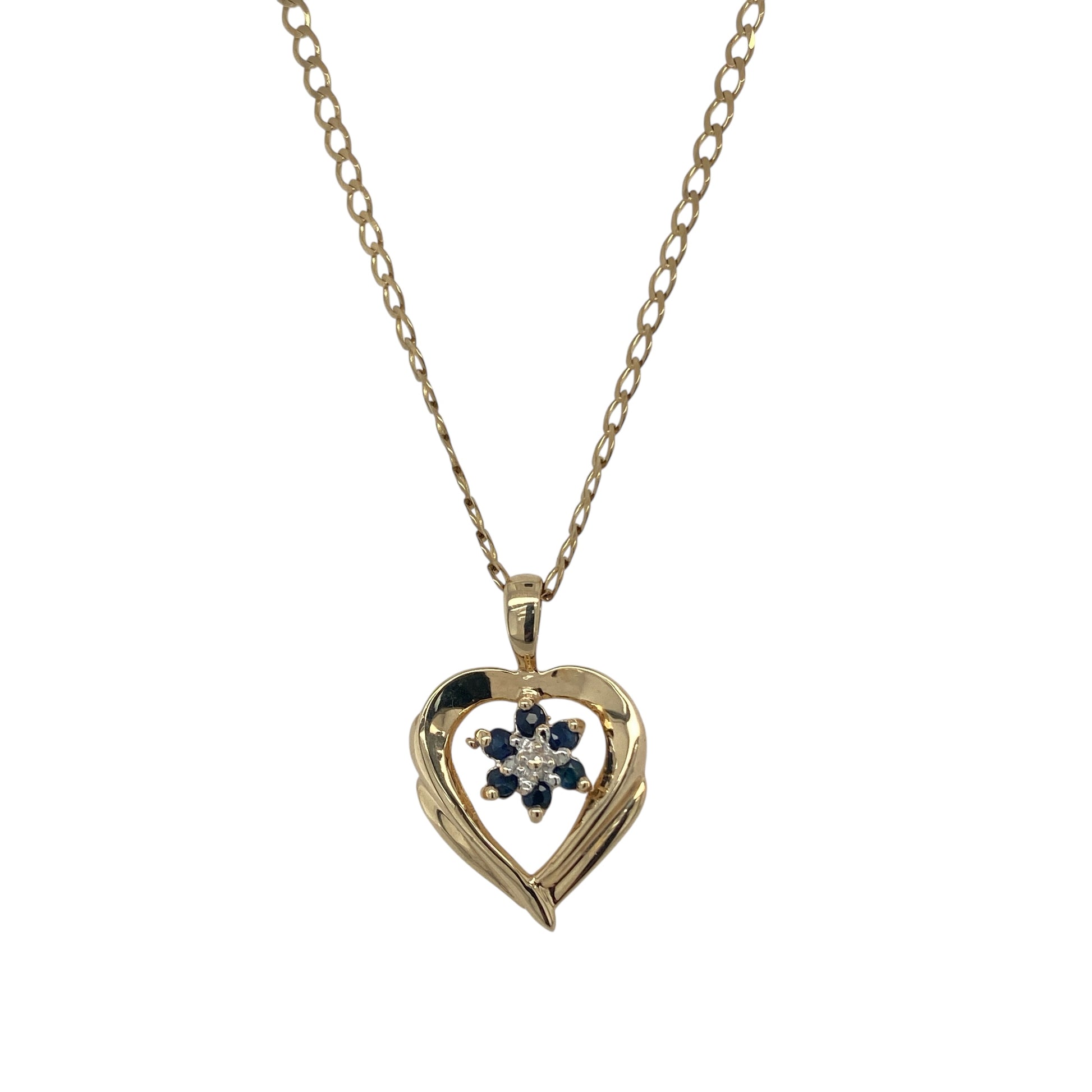 9ct Gold Diamond & Sapphire Set Open Heart 18" Necklace