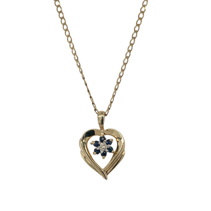 9ct Gold Diamond & Sapphire Set Open Heart 18" Necklace