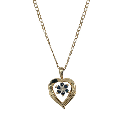 9ct Gold Diamond & Sapphire Set Open Heart 18" Necklace
