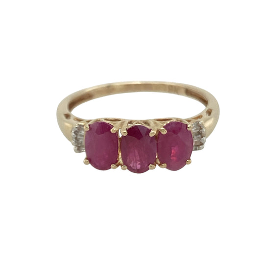 9ct Gold Diamond & Ruby Set Trilogy Ring