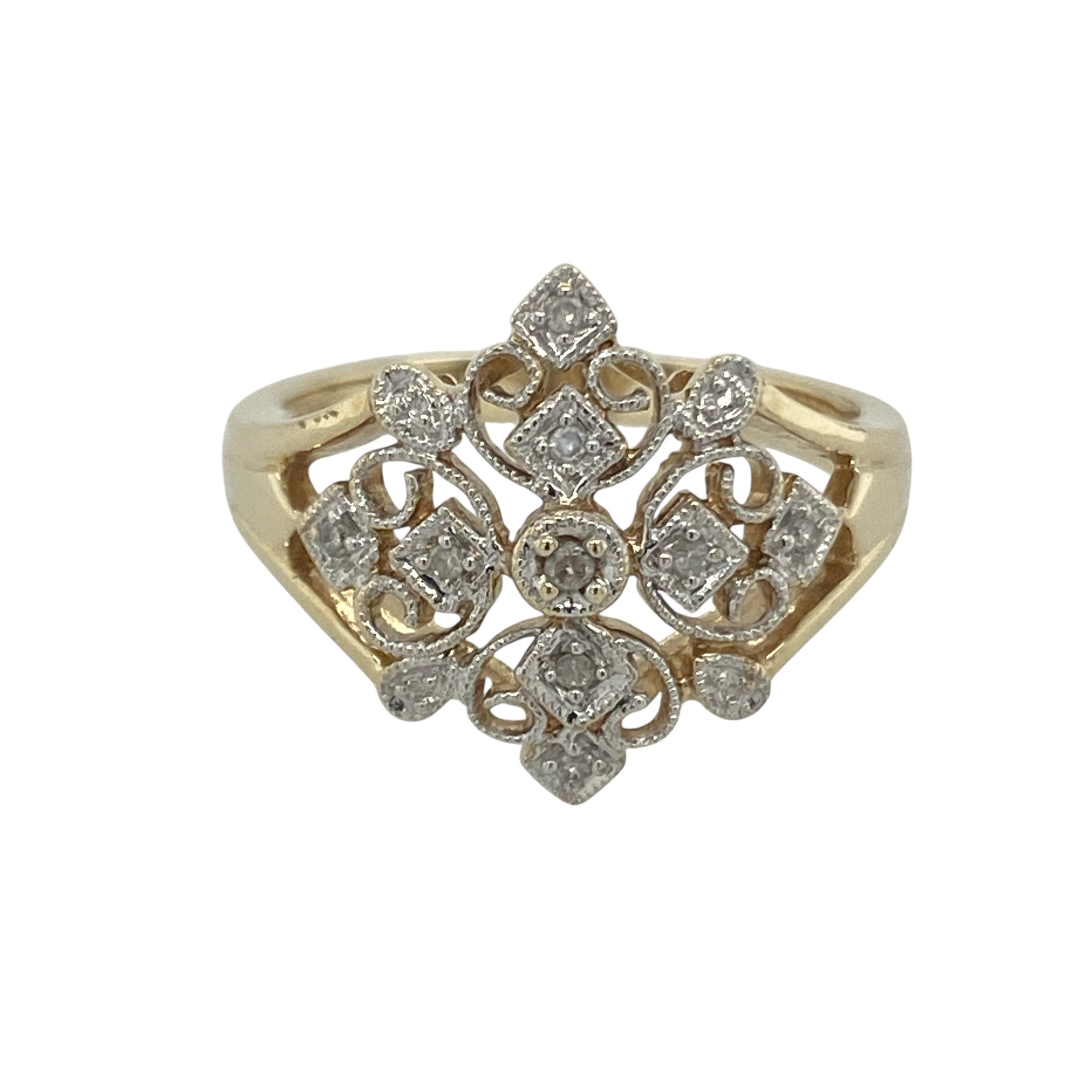 9ct Gold & Diamond Set Filigree Flower Design Ring