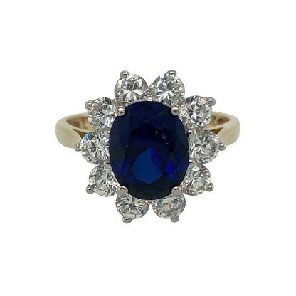 9ct Gold Blue Stone & Cubic Zirconia Set Cluster Ring