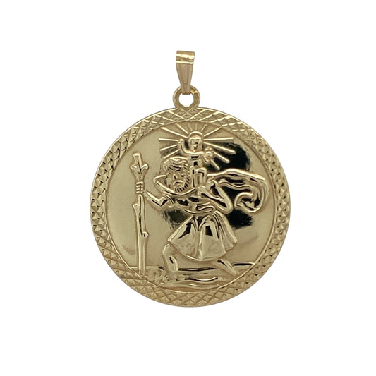 9ct Gold Double Sided Large Round St Christopher Pendant