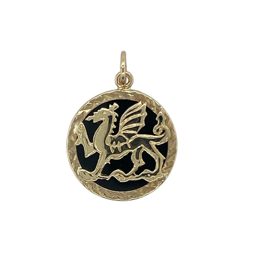 9ct Gold & Onyx Backed Welsh Dragon Circle Pendant