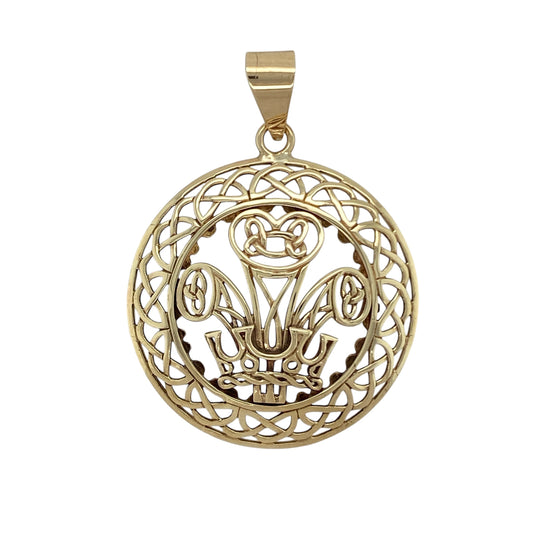 9ct Gold Large Round Three Feathers Pendant