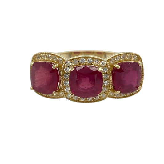 9ct Gold Diamond & Ruby Set Halo Trilogy Ring