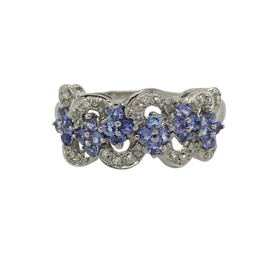 9ct White Gold Diamond & Tanzanite Set Flower Swirl Ring