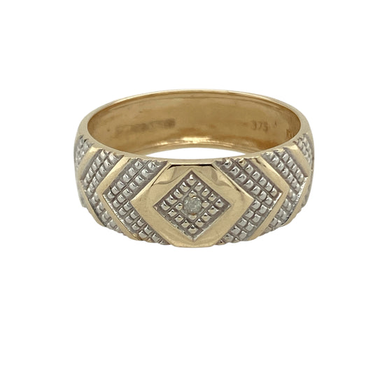 9ct Gold & Diamond Set Patterned Textured Design Band Ring