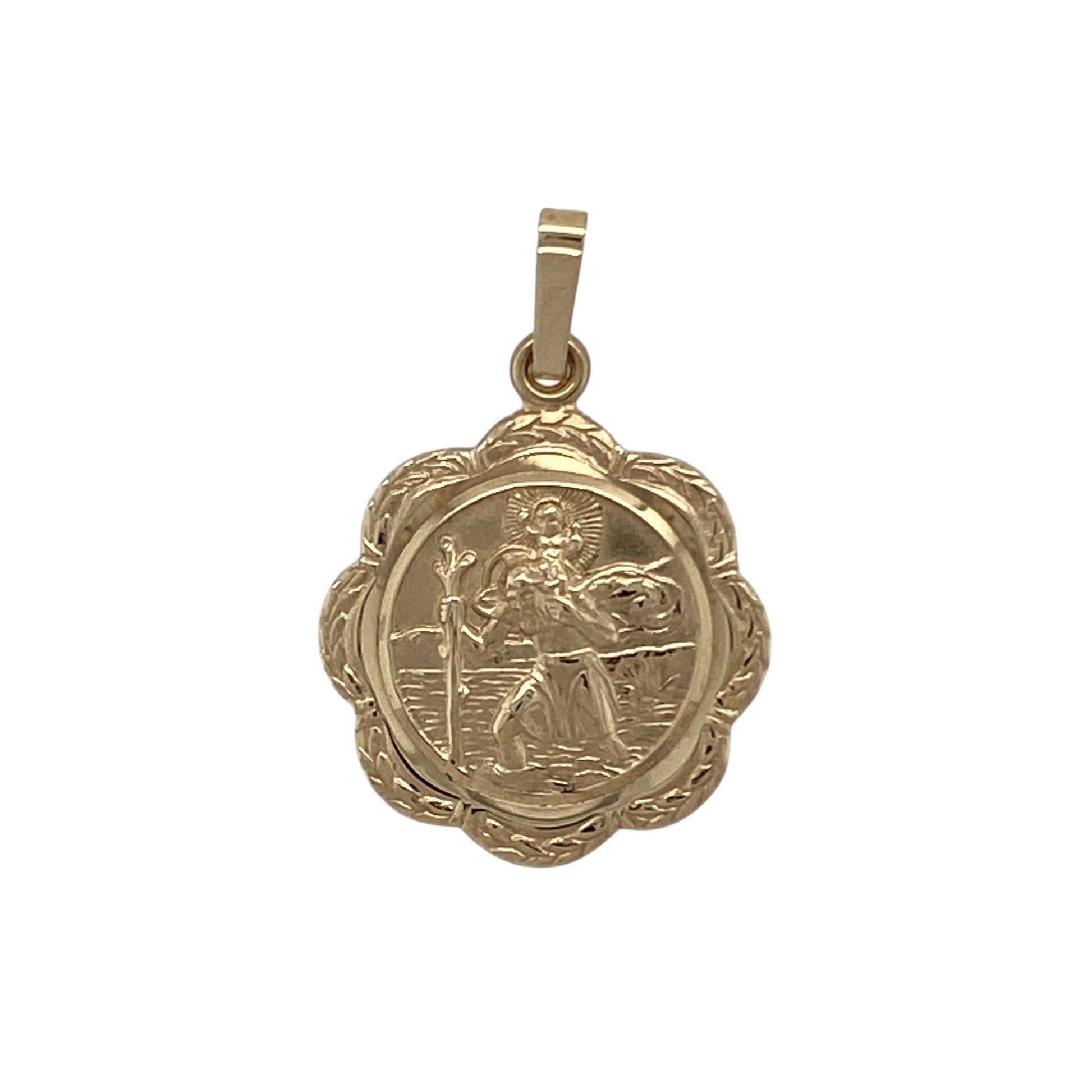 9ct Gold Scalloped Edge St Christopher Round Pendant