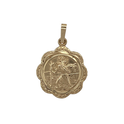 9ct Gold Scalloped Edge St Christopher Round Pendant