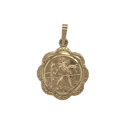 9ct Gold Scalloped Edge St Christopher Round Pendant