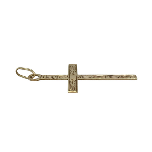 Bring faith and timeless elegance to your collection with this pre-owned 9ct yellow gold patterned cross pendant—a classic piece that beautifully combines spiritual meaning with refined design.

Design: The pendant features a traditional cross shape with intricate pattern detailing across the surface, adding texture and depth to its polished finish. The elegant design offers both simplicity and sophistication.