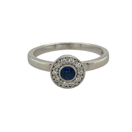 18ct White Gold Diamond & Sapphire Set Halo Ring