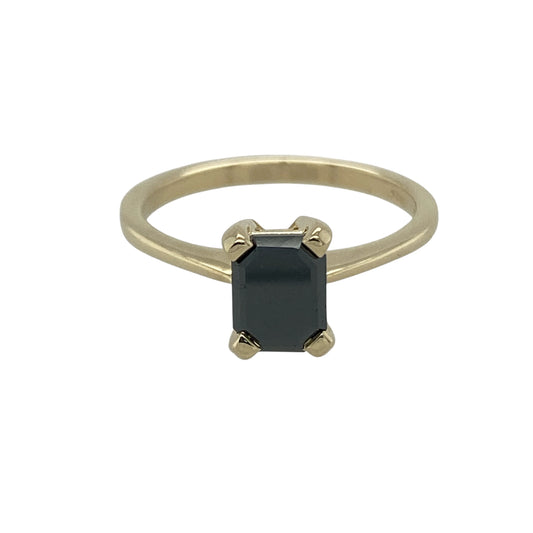 9ct Gold & Black Diamond Set Emerald Cut Solitaire Ring