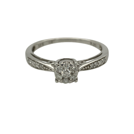 9ct White Gold & Diamond Set Cluster  Solitaire Ring