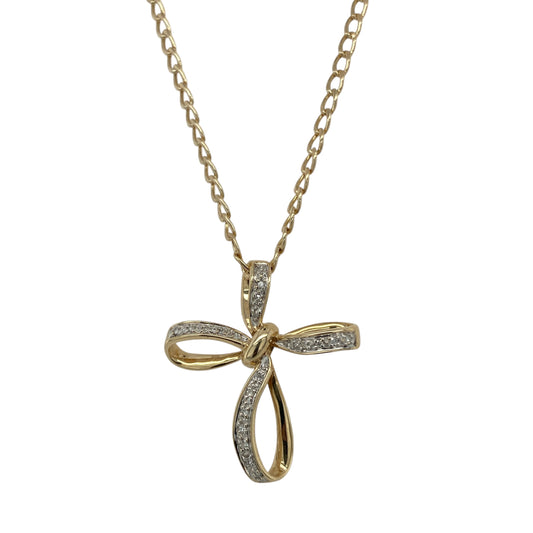 9ct Gold & Diamond Set Open Bow Style Cross 18" Necklace