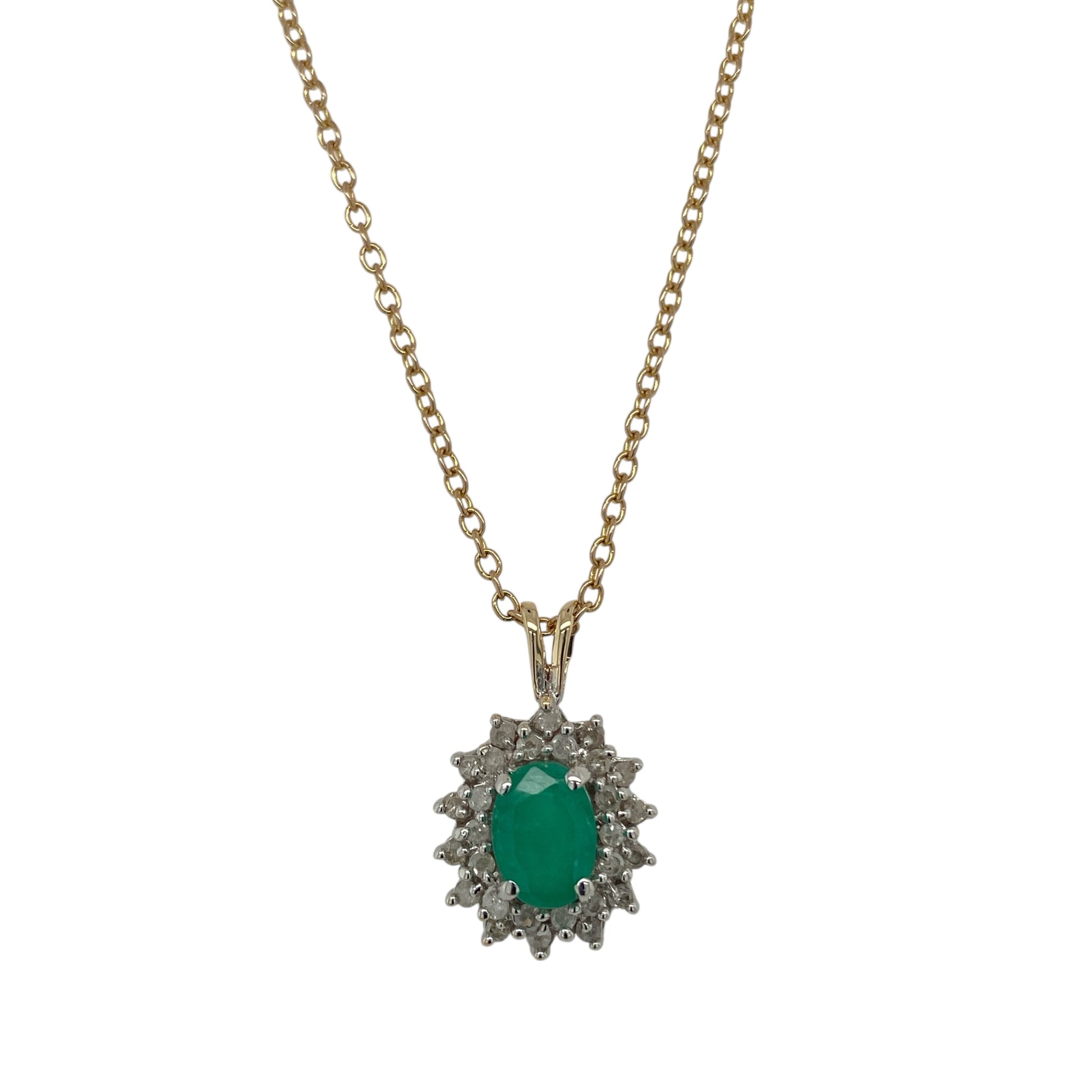 9ct Gold Diamond & Emerald Set Cluster 20" Necklace