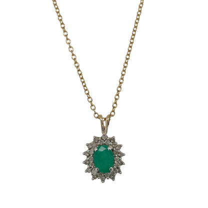 9ct Gold Diamond & Emerald Set Cluster 20" Necklace