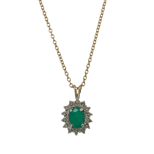 9ct Gold Diamond & Emerald Set Cluster 20" Necklace