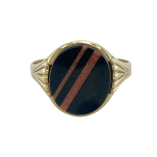 9ct Gold Onyx & Sandstone Set Oval Signet Ring