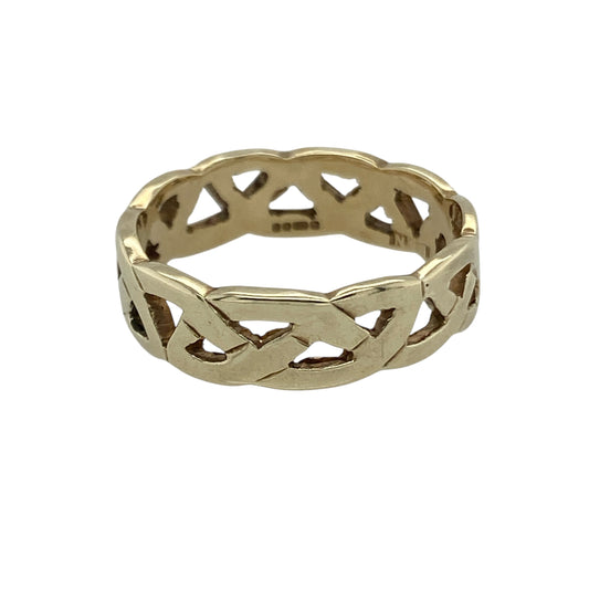 Bring timeless elegance and symbolic design to your collection with this pre-owned 9ct yellow gold open Celtic weave band ring, combining traditional artistry with refined style—perfect for everyday wear or meaningful occasions.

Design: The ring features an open Celtic weave pattern around the band, measuring 5mm wide, symbolising unity and eternity through its continuous interlacing design.