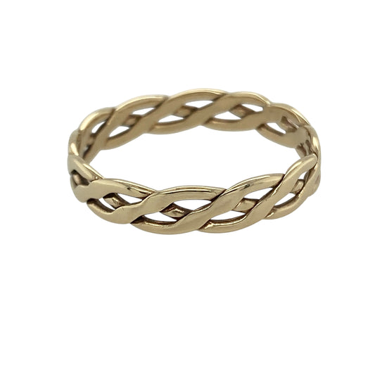 Bring timeless style and symbolic elegance to your collection with this pre-owned 9ct yellow gold open Celtic weave band ring, combining traditional design with refined craftsmanship—perfect for everyday wear or meaningful occasions.

Design: The ring features an open Celtic weave pattern encircling the band, measuring 4.5mm wide, representing unity, eternity, and interconnectedness through its intricate interlacing design.