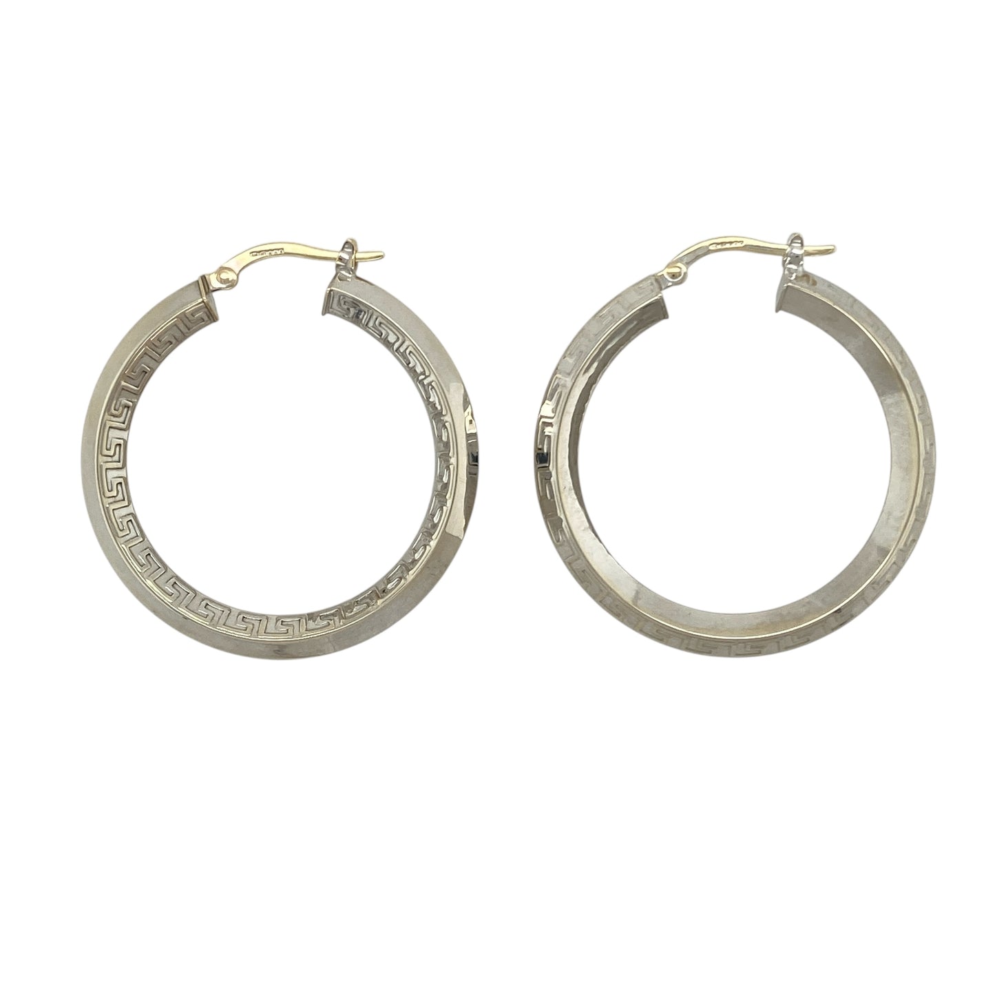9ct White Gold Greek Key Patterned Hoop Creole Earrings