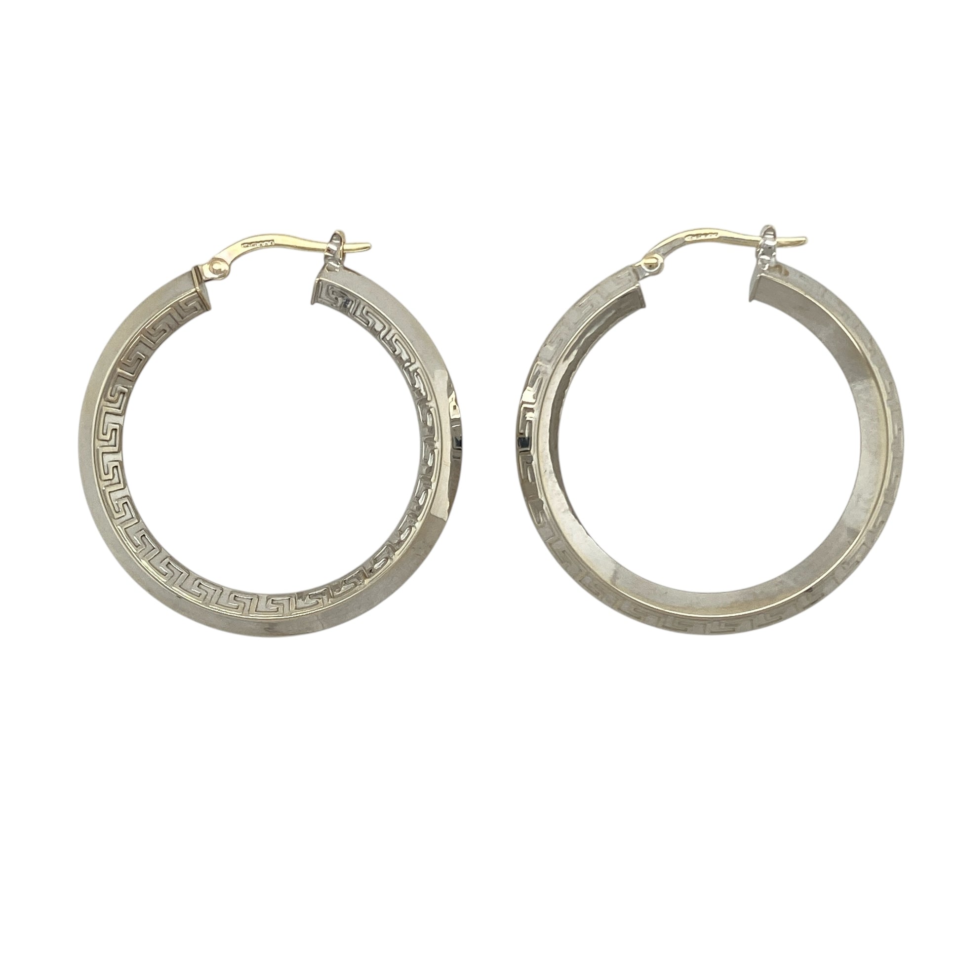 9ct White Gold Greek Key Patterned Hoop Creole Earrings