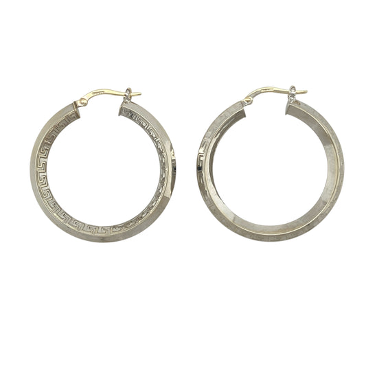 9ct White Gold Greek Key Patterned Hoop Creole Earrings