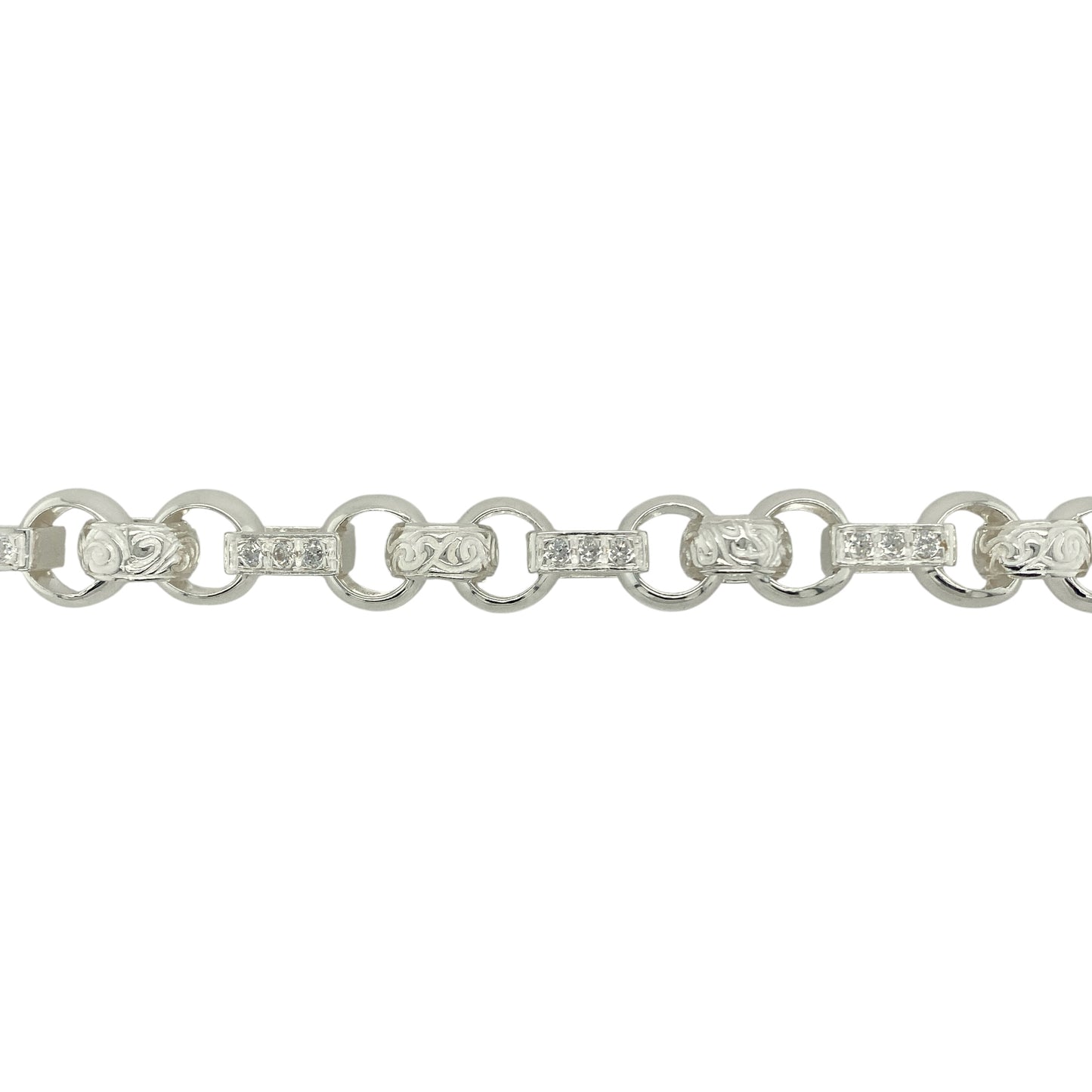 New 925 Silver & Cubic Zirconia Set 9" Patterned Gypsy Style Link Bracelet