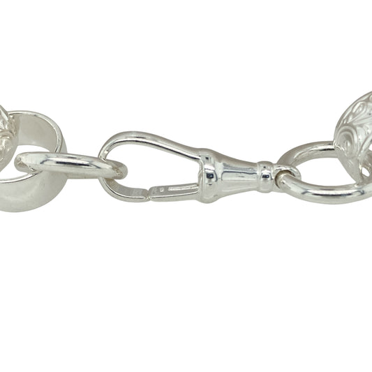 Bring bold elegance and timeless appeal to your collection with this new 925 silver 9.5" patterned round link Belcher bracelet, combining classic design with a modern, substantial finish—perfect for statement wear or everyday sophistication.

Design: The bracelet features a traditional Belcher link style with patterned round links measuring 15mm wide, offering a bold, textured look with a polished edge.