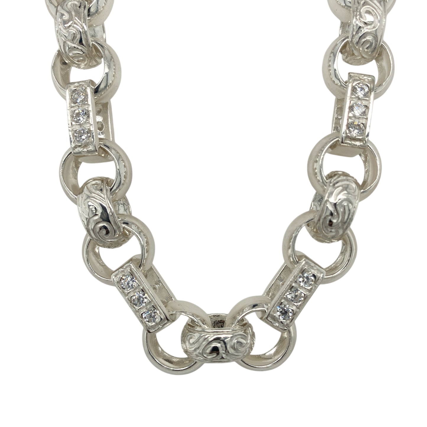 New 925 Silver & Cubic Zirconia Set 22" Patterned Gypsy Style Chain