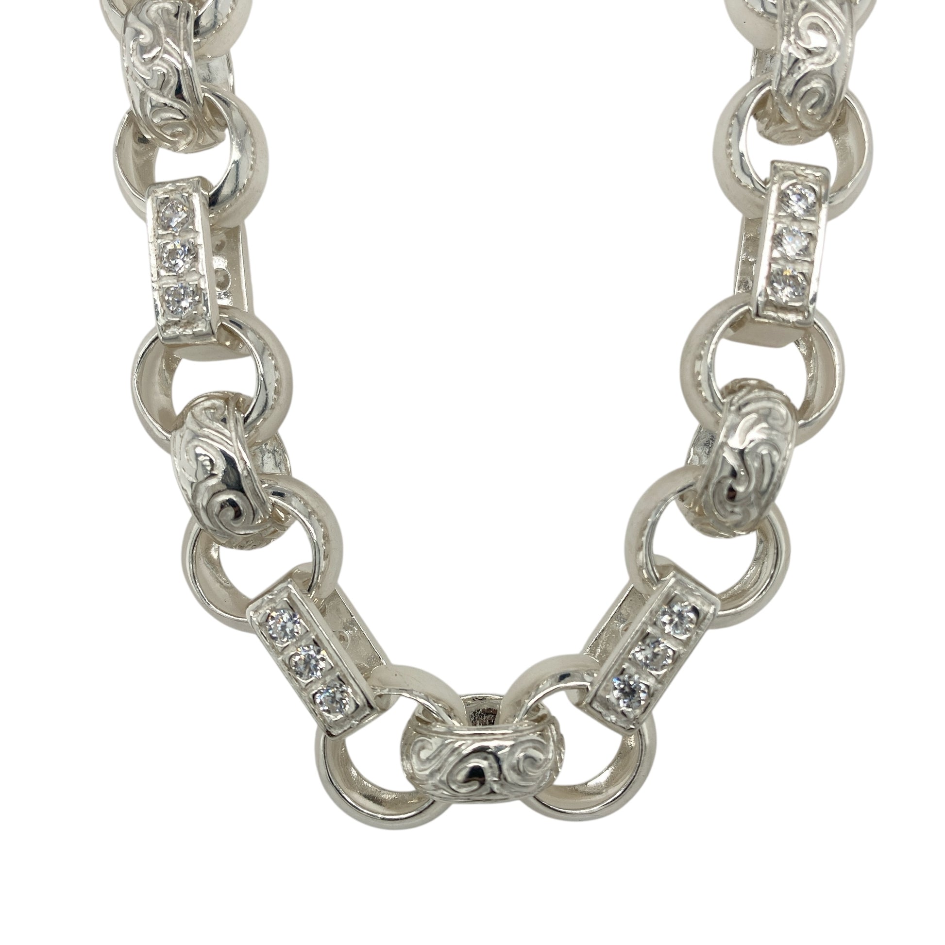 New 925 Silver & Cubic Zirconia Set 24" Patterned Gypsy Style Chain