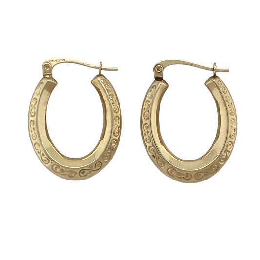 9ct Gold Patterned Oval Creole Earrings