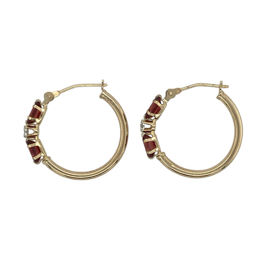 9ct Gold Diamond & Garnet Set Hoop Creole Earrings