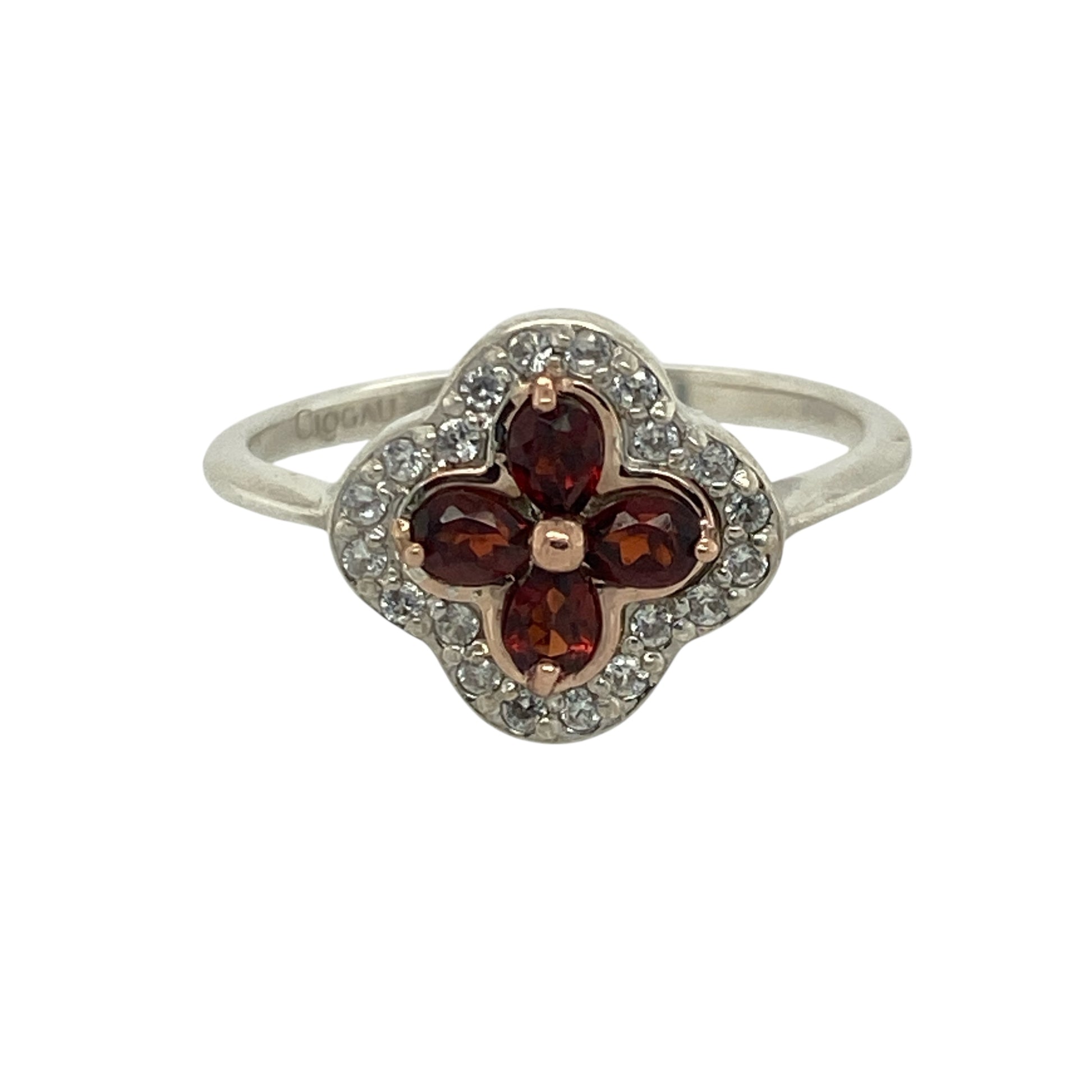 925 Silver White Topaz & Garnet Set Clogau Tudor Court Flower Style Ring
