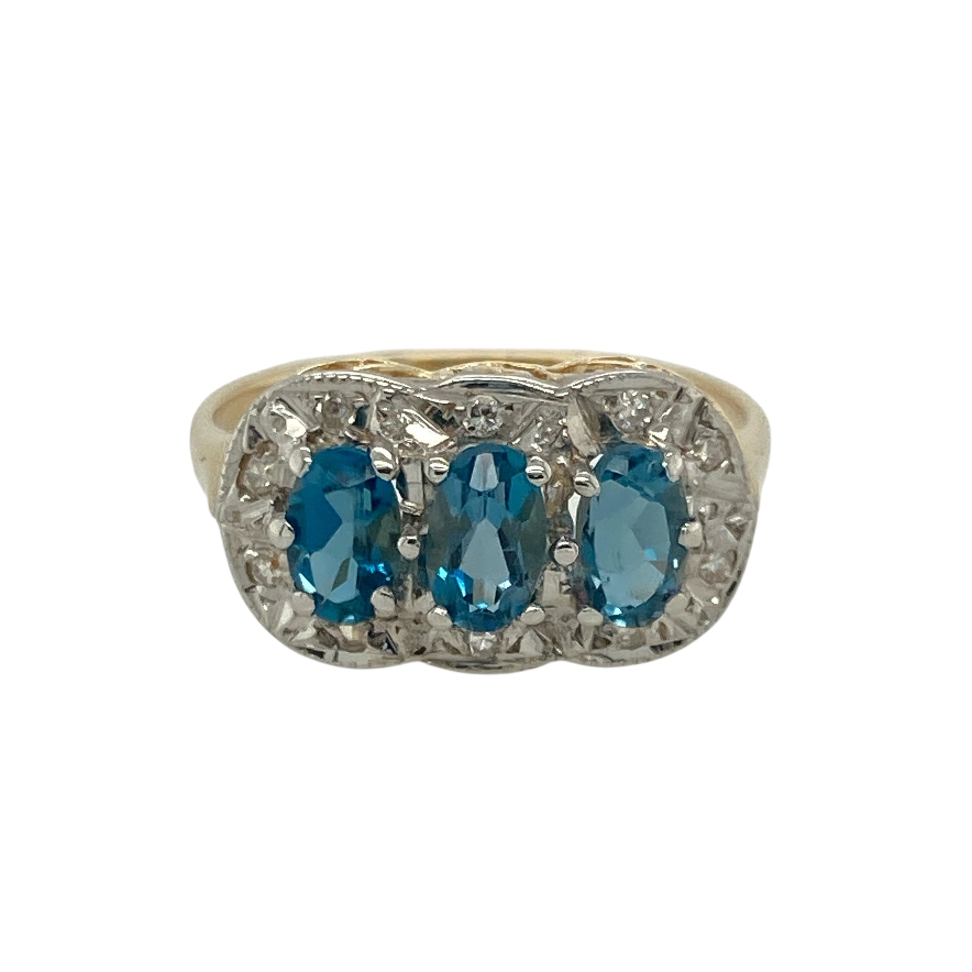 9ct Gold Diamond & Blue Topaz Set Trilogy Cluster Ring