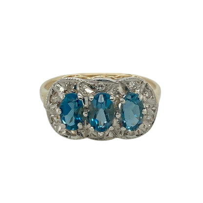 9ct Gold Diamond & Blue Topaz Set Trilogy Cluster Ring