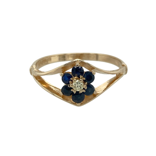 9ct Gold Diamond & Sapphire Set Flower Split Band Ring