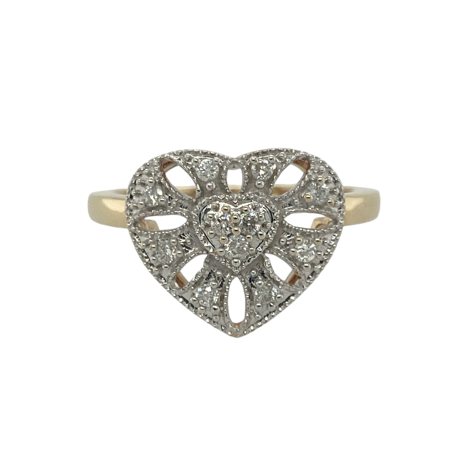 9ct Gold & Diamond Set Open Filigree Design Heart Ring