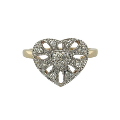 9ct Gold & Diamond Set Open Filigree Design Heart Ring
