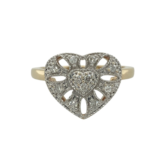 9ct Gold & Diamond Set Open Filigree Design Heart Ring