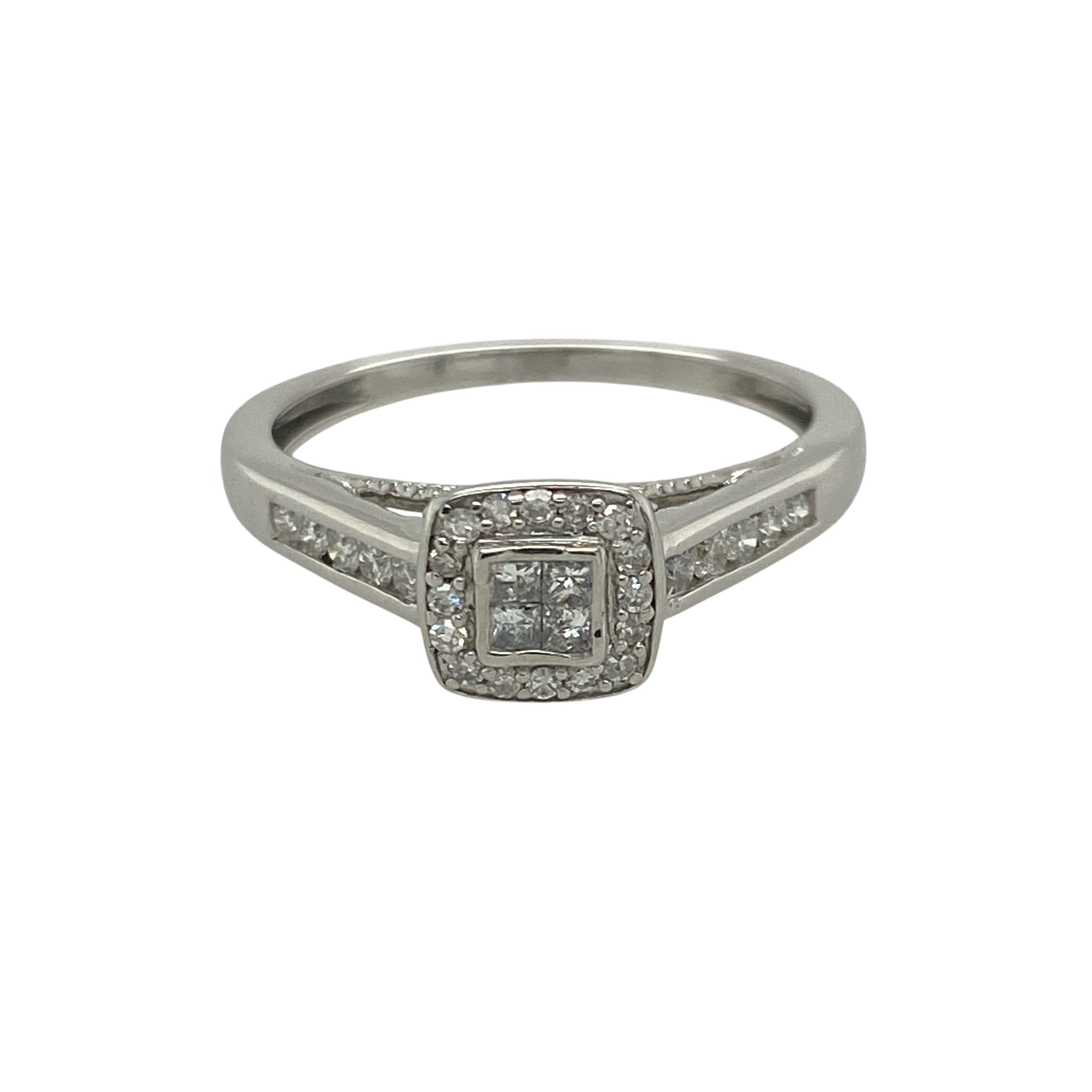 9ct White Gold & Diamond Set Princess Cut Halo Ring