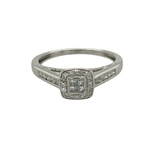 9ct White Gold & Diamond Set Princess Cut Halo Ring