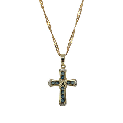 9ct Gold Diamond & Sapphire Set Cross 18" Necklace