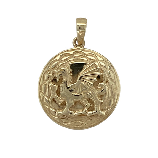 9ct Gold Welsh Celtic Dragon Round Pendant