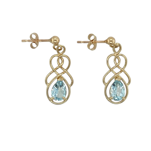 9ct Gold & Oval Blue Stone Set Twist Drop Earrings