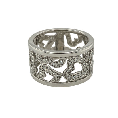 9ct White Gold & Diamond Set Wide Open Filigree Band Ring