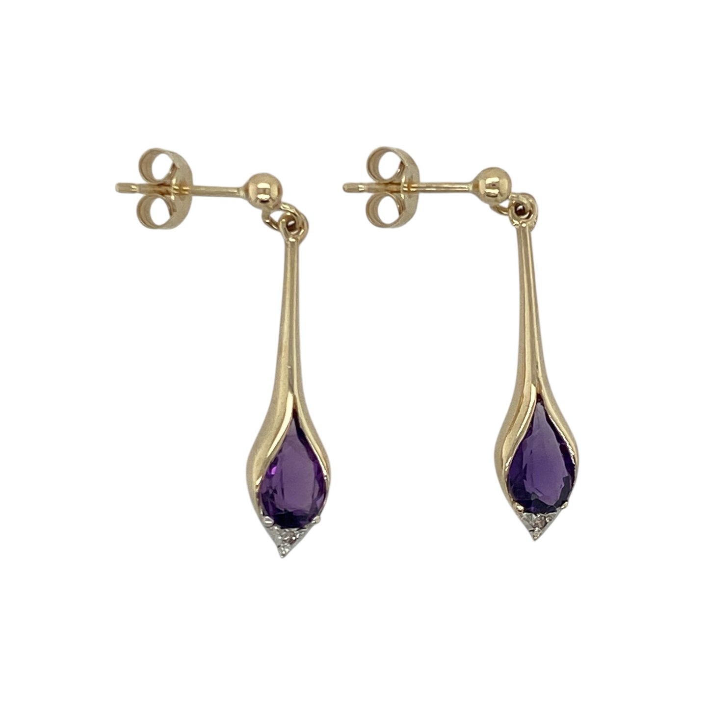 9ct Gold Diamond & Amethyst Set Drop Earrings
