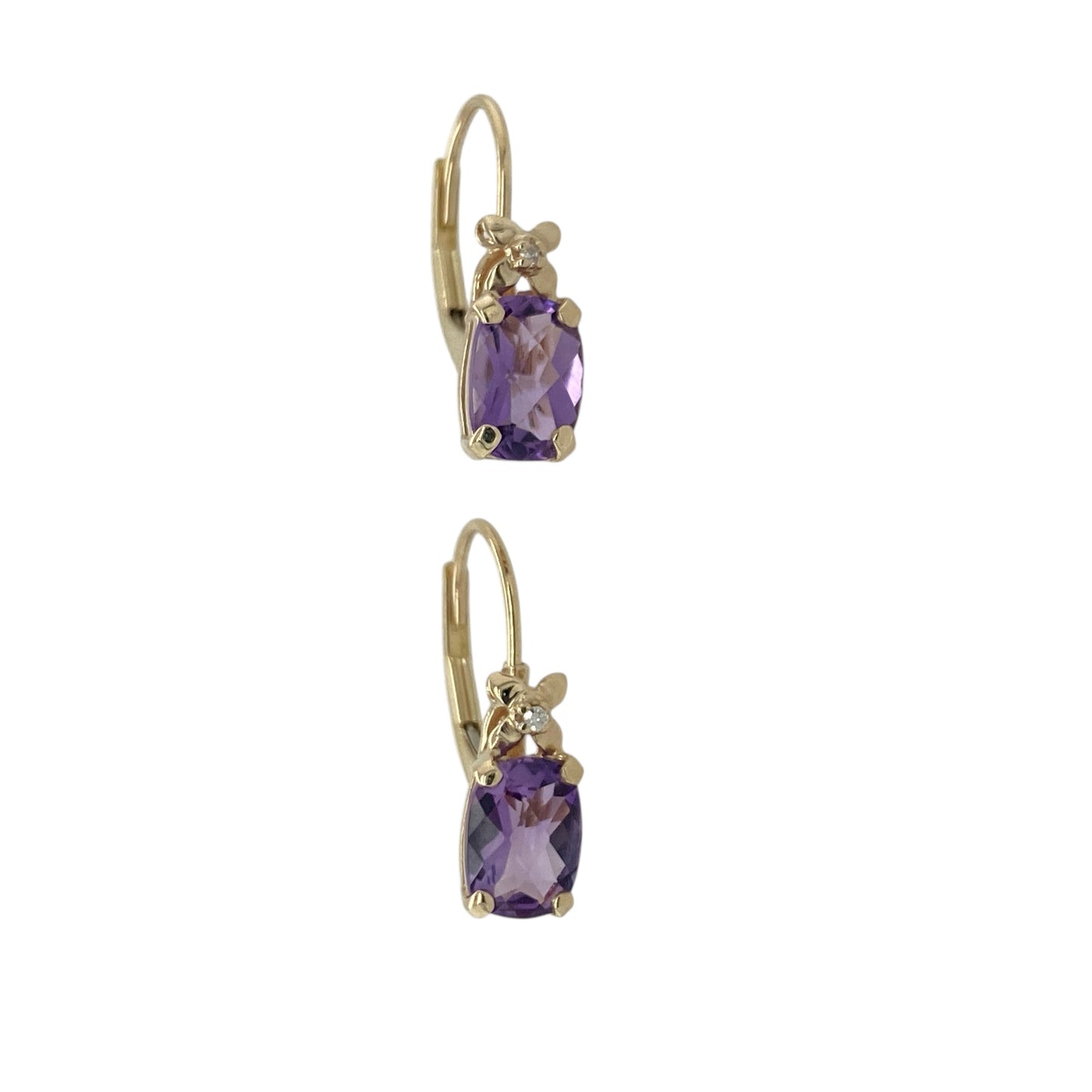 Pre-owned 9ct Yellow Gold Diamond &amp; Amethyst Set Drop Earrings with the weight 1.30 grams. The oval amethyst stones are each 7mm by 5mm with a flower on the top of each stone